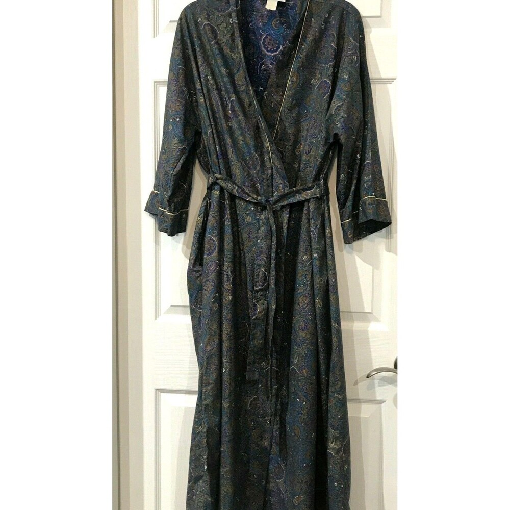 Saybury Vintage Robe House Coat Belt Pockets Gold Trim Paisley L Wrap Housedress
